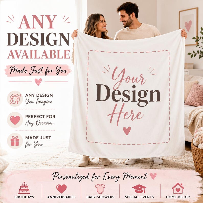 May include: A white rectangular throw blanket featuring a central dashed-line border and the text "Your Design Here" in dark gray and pink script. The blanket includes small pink heart icons and is displayed as a customizable product template.