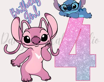 Imagen PNG de una niña de cumpleaños con diseño de ángel y Stitch, diseño de camiseta para el 4.º cumpleaños (descarga instantánea).
