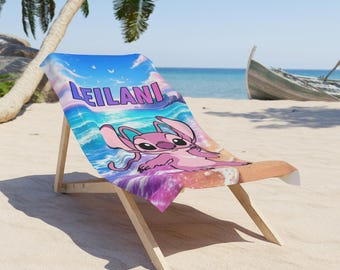 Personalized Pink Angel Beach Towel for Girls, Custom Name Beach Towel, Kids Pool Towel, Summer Vacation Towel, Cute Tropical Gift for Girls