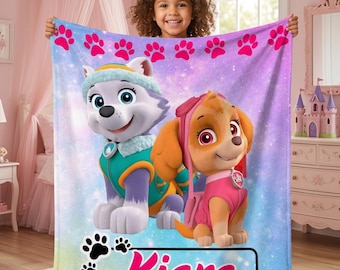 Personalized sky Puppies Velveteen Plush Blanket | Name Customizable