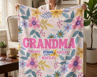 Manta floral para la abuela / Manta personalizada para la abuela con los nombres de los nietos / Regalo floral personalizado para la abuela