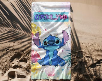 Personalized Stitch Beach Towel for Kids, Custom Name Beach Towel, Boys Pool Towel, Summer Vacation Gift for Children