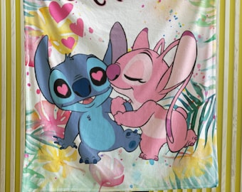 Manta adorable con el nombre de los personajes Stitch y Angel / Manta de felpa de terciopelo