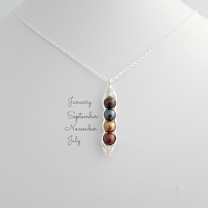 Puede incluir: Collar de plata con un colgante en forma de vaina de guisantes, que contiene cuatro cuentas de colores: marr&oacute;n, gris oscuro, dorado y rojo. Las palabras "Enero, Septiembre, Noviembre, Julio" est&aacute;n escritas a la izquierda.