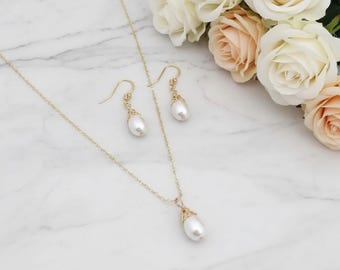 Conjunto de collar y pendientes de perlas blancas, conjunto de joyería nupcial, collar para damas de honor, conjunto de joyería de perlas con filigrana de plata u oro.