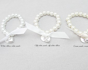 Pearl & Silver Initial Bracelet, Personalised Pearl Bracelet, Bridesmaid Gifts, Etsy UK, Ribbon Pearl Bracelet, Flower Girl Gifts