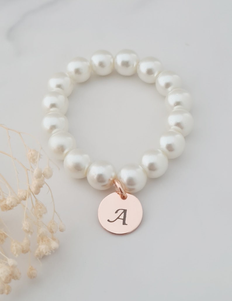 Rose Gold Initial Pearl Bracelet, Bridesmaid Gifts, Custom Bridesmaid Bracelet, Flower Girl Pearl Bracelet, Child Pearl Bracelet, For Girls image 1