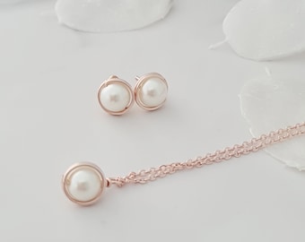 Rose Gold Pearl Necklace & Earring Set, Bridesmaid Gifts, Bridal Jewellery Set, Bridesmaid Jewellery, Pearl Necklace, Pearl Stud Earrings,