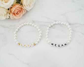 Personalised Pearl Name Bracelet, Bridesmaid Bracelet, Flower Girl Gift, Elasticated Pearl Bracelet, Children's Jewellery
