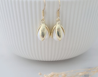 Snowdrop Flower Earrings, Gold Plated Dangle Earrings, Bridesmaid Jewellery, White Bell Flowers