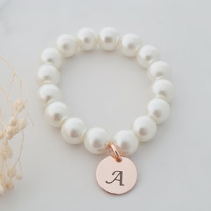 Rose Gold Initial Pearl Bracelet, Bridesmaid Gifts, Custom Bridesmaid Bracelet, Flower Girl Pearl Bracelet, Child Pearl Bracelet, For Girls image 3