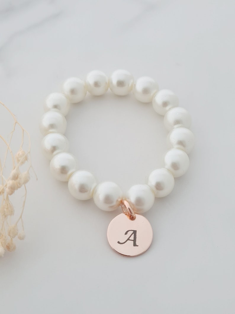 Rose Gold Initial Pearl Bracelet, Bridesmaid Gifts, Custom Bridesmaid Bracelet, Flower Girl Pearl Bracelet, Child Pearl Bracelet, For Girls image 3