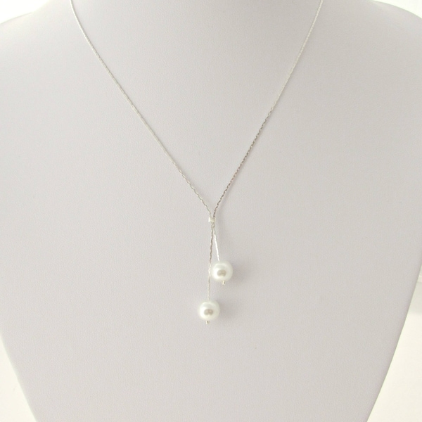 Two Pearl Lariat Necklace, Glass Pearl Y Necklace, Bridesmaid Necklace, Bridesmaid Gifts, Pearl Lariat, Dainty Pearl Necklace, Mom Gifts
