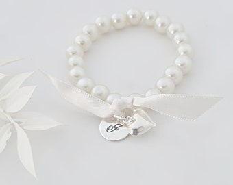 Personalised Pearl Bracelet, Engraved Initial Bracelet, Ribbon Accent, Bridesmaid Bracelet, Flower Girl Bracelet, Children's Bracelet