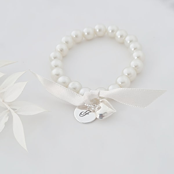 Pearl Heart Charm Bracelet, Personalised Pearl Bracelet, Bridesmaid Gift, Engraved Initial Pearl Bracelet, Flower Girl Gift, Children's Gift