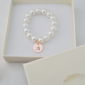 Rose Gold Initial Pearl Bracelet, Bridesmaid Gifts, Custom Bridesmaid Bracelet, Flower Girl Pearl Bracelet, Child Pearl Bracelet, For Girls image 2