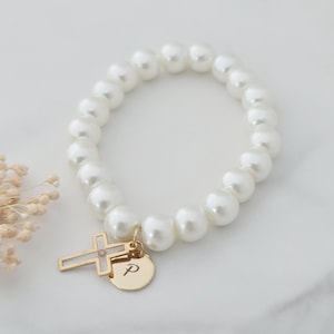 Personalised Mustard Seed Bracelet with Cross Charm and Pearl, Faith Move Mountains Gift, Custom Initial and Cross Bracelet, Communion Gift