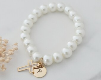 Personalised Mustard Seed Bracelet with Cross Charm and Pearl, Faith Move Mountains Gift, Custom Initial and Cross Bracelet, Communion Gift