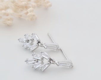 Art Deco Style Earrings, Zirconia Rectangle Baguette Earrings, Art Nouveau, Geometric Crystal Jewellery, Bridesmaid Earrings, Bride Earrings