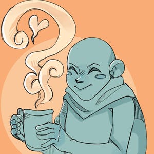 May include: Digital illustration of a smiling figure holding a mug, with steam rising in a heart-shaped design. The figure is teal-colored, wearing a scarf, and set against an orange background. The mug appears to be filled with a warm beverage.