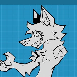 May include: A digital line art character reference sheet featuring a light gray anthropomorphic wolf creature in a full-body pose and a separate headshot. The character has sharp teeth, pointed ears, and a bushy tail. Text reads Base by RabbleRam.