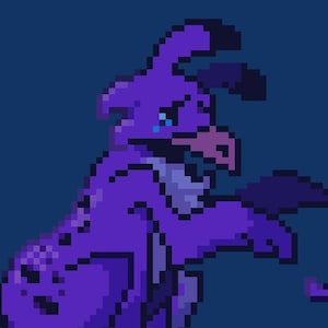 May include: Pixel art illustration of a purple creature with bird-like features, sitting on a patch of green. The creature has dark purple accents and is set against a dark blue background. The text "RABBIT RAM" is at the bottom.