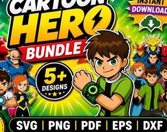 Green Alien Hero Kids Wall Art Printable, Boys Superhero Bedroom Decor,Ben 10 Cartoon Action Character Poster, Playroom Adventure Decor,