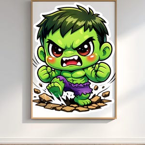 Può includere: Stampa incorniciata con un'illustrazione a cartoni animati di Hulk. Hulk è verde con capelli verde scuro e pantaloncini viola, in una posa aggressiva con i pugni chiusi e un'espressione feroce. Lo sfondo è bianco e la cornice è marrone chiaro. L'immagine mostra Hulk che rompe il terreno.