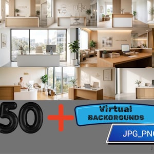 Può includere: Un collage di scene di interni di uffici con scrivanie, aree di ricevimento e sale d'attesa. L'immagine include il testo "50 + Virtual Backgrounds" e "JPG_PNG_PDF". Le scene presentano mobili e decorazioni per uffici moderni.