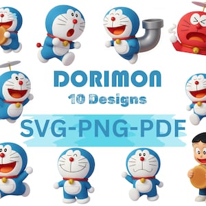 Puede incluir: Una colección de diseños de personajes de dibujos animados en 3D de Doraemon en varias poses. Los personajes son principalmente azules con vientres blancos, cuellos rojos y campanas doradas. La imagen incluye el texto "DORIMON 10 Designs SVG-PNG-PDF".