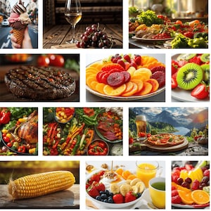 May include: A collage of food images including an ice cream cone, a glass of white wine with grapes, a plate of vegetables, a grilled steak, a fruit platter, and a pizza with a beer.
