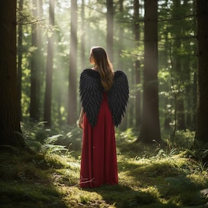 May include: A person wearing a long, red dress and large black feathered wings stands in a sunlit forest. The person is facing away from the camera, with long brown hair. The background features tall trees and green foliage.