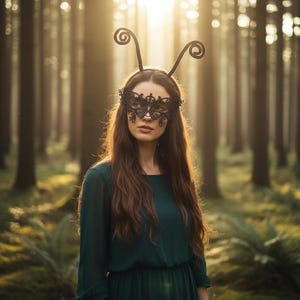 Máscara de ojos de encaje negro para cosplay y diadema con antenas de mariposa monarca