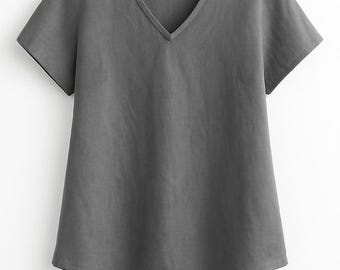 Linen V-Neck Top – Women’s Short Sleeve Summer Blouse | Natural Soft Breathable Fabric | Minimalist Casual Shirt