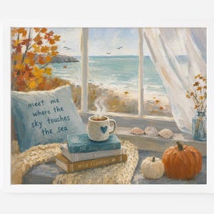 Cozy Seaside Reading Nook Printable - Autumnal Cottagecore Art, Rustic Coastal Decor, Pumpkins, Seashells, Fall Digital Wall Art 617