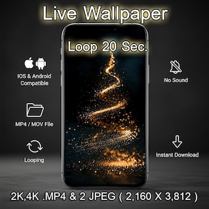 May include: A smartphone displays a live wallpaper with a golden, glowing design against a dark background. The screen shows the text "Loop 20 Sec." and icons indicating compatibility with iOS and Android, MP4/MOV file format, looping, no sound, and instant download. The resolution is 2,160 x 3,812.