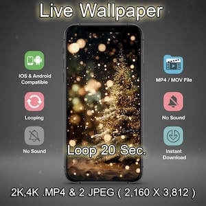 Może przedstawiać: Smartfon wyświetla animowaną tapetę z motywem choinki i światłami bokeh. Ekran pokazuje "Loop 20 Sec." oraz ikony kompatybilności z iOS/Android, zapętlania i natychmiastowego pobierania. Obraz zawiera również tekst "Live Wallpaper".