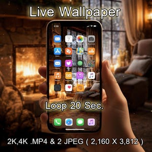 May include: A smartphone displaying a winter scene live wallpaper with app icons. The screen shows the text "Live Wallpaper" and "Loop 20 Sec." The image resolution is 2,160 x 3,812 pixels. The phone is held in a hand.