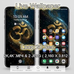 以下が含まれることがあります： 2つのスマートフォン。暗い青と金の背景に、金色のOmシンボルが表示されたライブ壁紙を表示。画面にはアプリのアイコンと「Live Wallpaper」と「Loop 20 Sec.」の文字が表示されています。