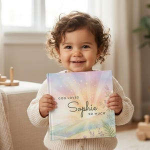 Puede incluir: Un ni&ntilde;o sonriente sostiene un libro con una portada pastel. El libro dice "Dios ama tanto a Sophie". El fondo incluye un tren de juguete de madera, un oso de peluche y una planta de interior.