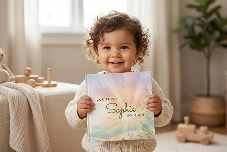 Puede incluir: Un ni&ntilde;o sonriente sostiene un libro con una portada pastel. El libro dice "Dios ama tanto a Sophie". El fondo incluye un tren de juguete de madera, un oso de peluche y una planta de interior.