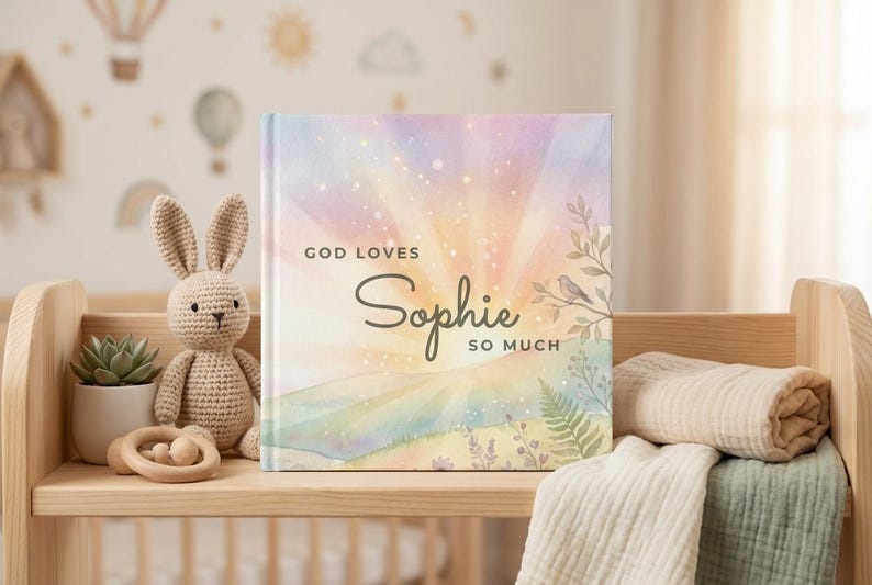 Puede incluir: Un libro infantil con el texto "God Loves Sophie So Much" en la portada, con un dise&ntilde;o de acuarela en colores pastel. Un conejito de ganchillo, una suculenta en maceta y un mordedor de madera est&aacute;n en una estanter&iacute;a de madera.