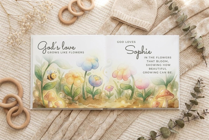 Puede incluir: Un libro abierto con el texto "God's love grows like flowers" y "God loves Sophie". Las ilustraciones presentan flores coloridas, una abeja y setas. El libro est&aacute; sobre una manta de punto beige con juguetes de madera.