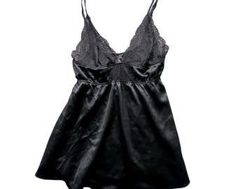 Victoria's Secret zwart satijnen kanten babydollhemdje medium vintage coquette
