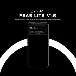 Peut inclure: Un smartphone noir affichant l'interface du portail PEAS Lite v1.0 avec des boutons pour la plomberie, le chauffage et la maintenance générale. Le texte PEAS LITE V1.0 Pre-Visit Evaluation & Assessment System apparaît au-dessus.