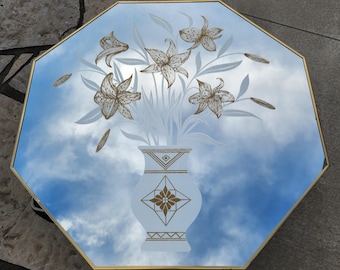 Local Pickup Only Vintage Octagonal Etched Floral Wall Mirror 36" Gold Tone Frame Hollywood Regency Accent Mirror
