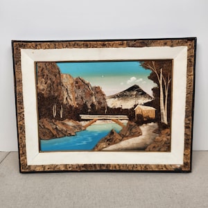 Vintage Japanese Bark Art Shadowbox Landscape Wall Hanging Mountain Stream Cabin Diorama Mid Century Rustic Decor
