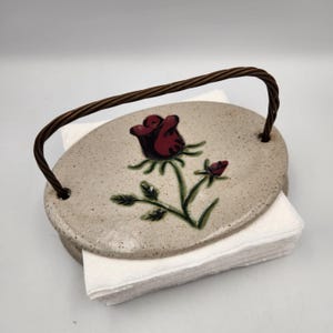 Vintage Amberstone Pottery Stoneware Napkin Holder with Copper Handle Hand Painted Rose Rustic Farmhouse Cottagecore Kitchen Decor