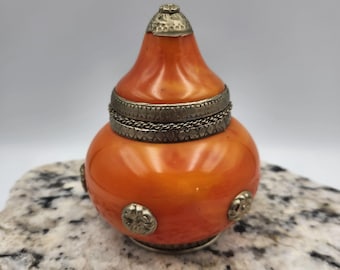 Vintage Handcrafted Translucent Orange Lidded Jewelry Box | Moorish Style Boho Keepsake Box | Ornate Metal Trinket Box | Eclectic Home Decor
