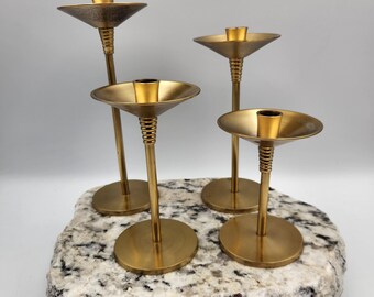 Vintage Brass Candlestick Holders Set: Silvestri Graduated Modernist Taper Holders